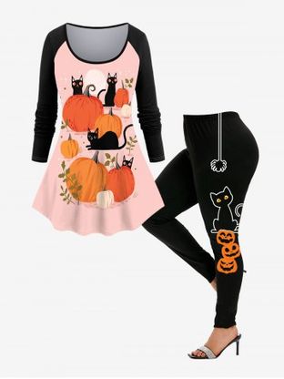 Halloween Raglan Sleeve Pumpkin Cat Print T-shirt and Pumpkin Cat Spiders Leggings Outfit