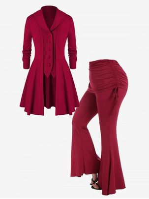 Front Button Skirted Coat and High Waist Cinched Bell Bottom Pants Plus Size Outerwear Outfit