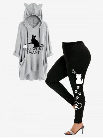 Hooded Drawstring Pockets High Low Graphic Top and High Waist Cat Paw Print Leggings Plus Size Fall Outfit - GRAY