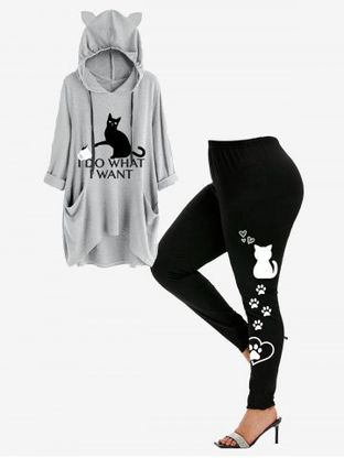 Hooded Drawstring Pockets High Low Graphic Top and High Waist Cat Paw Print Leggings Plus Size Fall Outfit