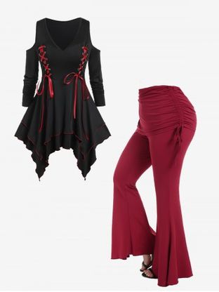 Gothic Lace Up Cold Shoulder Double Layered Handkerchief Tee and High Waist Cinched Bell Bottom Pants Outfit