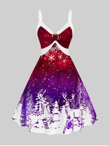 Plus Size Christmas Bicolor Elk Snowflake Print Dress