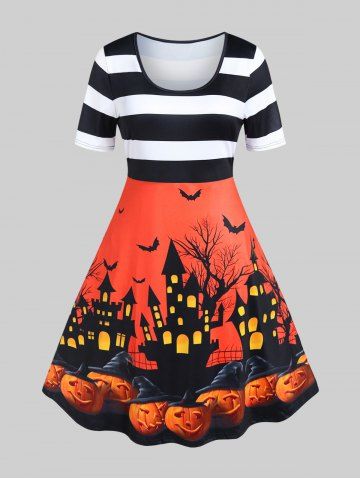 Halloween Bat Castle Pumpkin Printed Stripes Vintage A Line Dress - DARK ORANGE - L | US 12