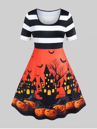 Halloween Bat Castle Pumpkin Printed Stripes Vintage A Line Dress