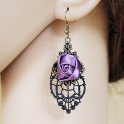 Gothic Vintage Hollow Out Lace Rose Drop Earrings - PURPLE