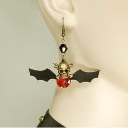 Gothic Bat Skull Faux Crystal Decor Drop Earrings - BLACK