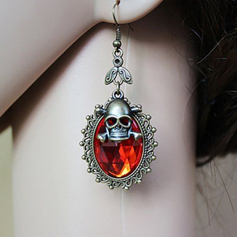Gothic Vintage Skull Faux Crystal Decor Drop Earrings - RED