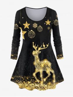 Plus Size Christmas 3D Sparkles Elk Snowflake Printed T-shirt - BLACK - 1X | US 14-16