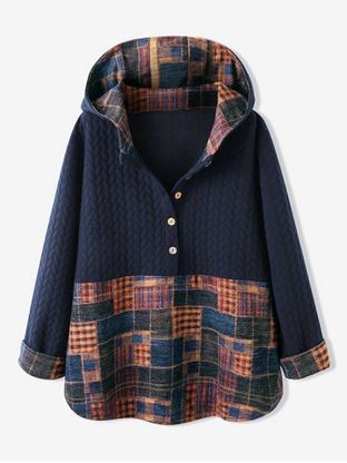Plus Size Half Button Embossed Patchwork Plaid Hoodie