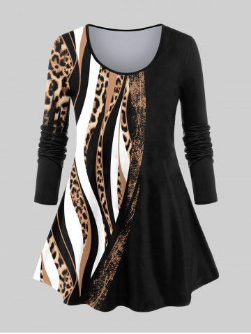 Plus Size Leopard Panel Colorblock T-shirt - BLACK - 1X | US 14-16