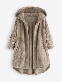 Plus Size Hooded High-low Hem Fluffy Coat - LIGHT COFFEE - 3XL