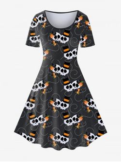 Halloween Skulls Printed Vintage Short Sleeves A Line Dress - BLACK - S | US 8