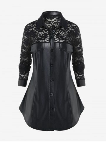 Gothic Long Sleeves Faux Leather Shirt with Lace - BLACK - 3X | US 22-24
