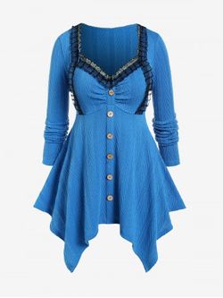 Plus Size Lace Panel Mock Button Handkerchief Cable Knit Textured Tee - BLUE - 1X | US 14-16