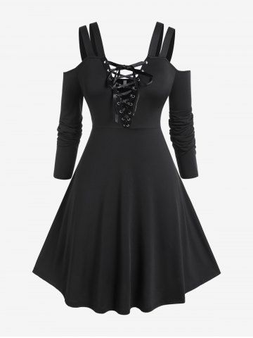 Plus Size Lace-up Cold Shoulder Long Sleeves Fit and Flare Dress