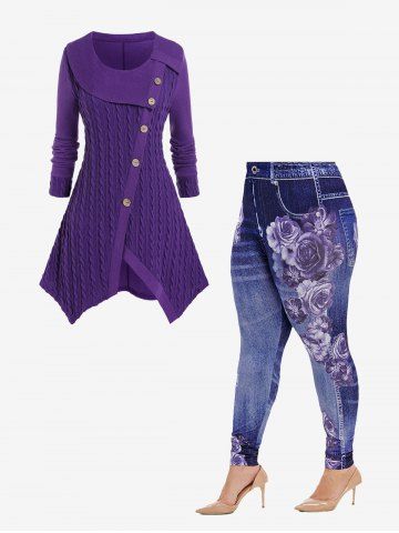 Asymmetric Mock Buttons Cable Knit Sweater and High Rise Floral Gym 3D Jeggings Plus Size Outfit