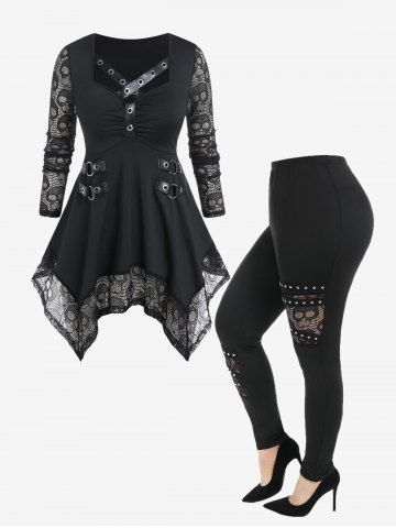 Skull Lace Panel Handkerchief Tee and Studded Pants Gothic Outfit