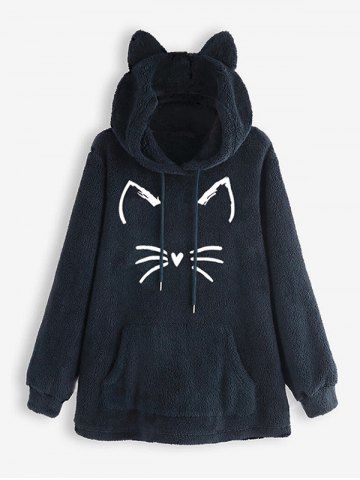Plus Size Cat Graphic Fluffy Kangaroo Pocket Hoodie