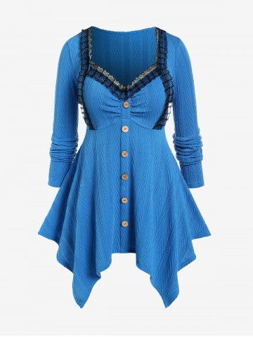 Plus Size Lace Panel Mock Button Handkerchief Cable Knit Textured Tee - BLUE - 2X | US 18-20