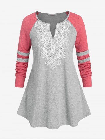 Plus Size Lace Raglan Sleeve Colorblock T Shirt - GRAY - L