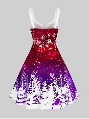 Plus Size Christmas Bicolor Elk Snowflake Print Dress