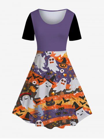 Halloween Ghost Bats Pumpkin Printed Colorblock Vintage A Line Dress - PURPLE - 3X | US 22-24