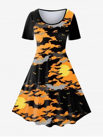 Halloween Bats Moon Printed Colorblock Vintage A Line Dress - ORANGE - 3X | US 22-24