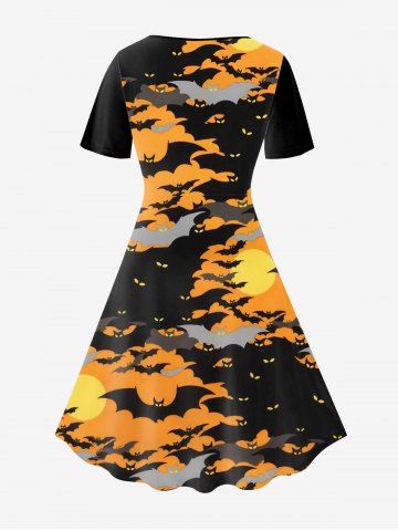 Halloween Bats Moon Printed Colorblock Vintage A Line Dress