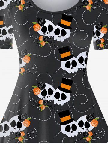 Halloween Skulls Printed Vintage Short Sleeves A Line Dress