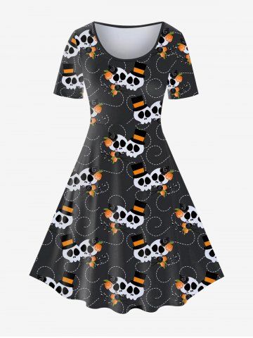 Halloween Skulls Printed Vintage Short Sleeves A Line Dress - BLACK - 3X | US 22-24