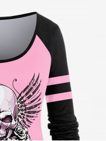 Gothic Skull Rose Printed Colorblock Raglan Sleeves Tee