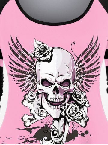 Gothic Skull Rose Printed Colorblock Raglan Sleeves Tee