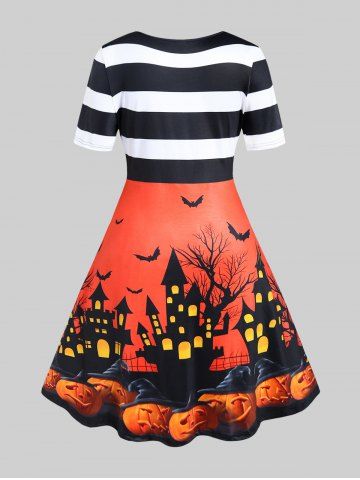 Halloween Bat Castle Pumpkin Printed Stripes Vintage A Line Dress