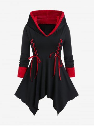 Plus Size Hooded Lace Up Faux Fur Panel Handkerchief Top