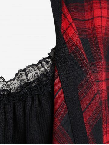 Plus Size Plaid Lace Trim Draped Long Sleeves Twofer Tee