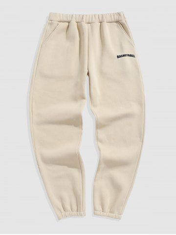 Letter BASKETBALL Embroidered Fleece-lined Sweatpants - LIGHT COFFEE - XL