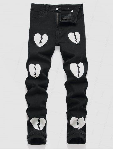 Broken Heart Pattern Zippered Jeans - BLACK - 34