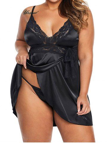 Body Lingerie Panneau en Dentelle en Blocs de Couleurs Grande Taille avec Nœud Papillon à Col Plongeant - BLACK - 4XL