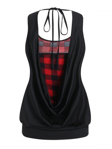 Plus Size Top Plaid Print Cami Top and Solid Color Draped Tied Back Tank Top Set