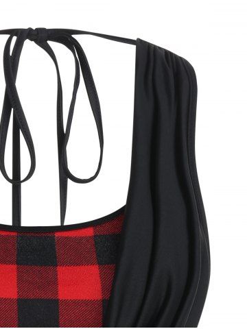 Plus Size Top Plaid Print Cami Top and Solid Color Draped Tied Back Tank Top Set
