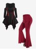 Gothic Lace Up Cold Shoulder Double Layered Handkerchief Tee and High Waist Cinched Bell Bottom Pants Outfit -  