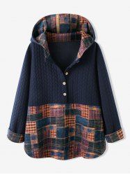 Plus Size Half Button Embossed Patchwork Plaid Hoodie -  