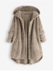 Plus Size Hooded High-low Hem Fluffy Coat -  