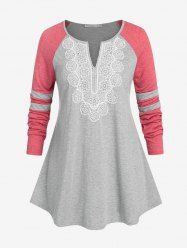 Plus Size Lace Raglan Sleeve Colorblock T Shirt -  