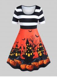 Halloween Bat Castle Pumpkin Printed Stripes Vintage A Line Dress -  