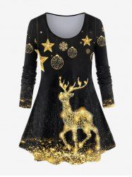 T-shirt à Imprimé Brillant 3D Cerf de Noël et Flocon de Neige Grande Taille - Noir 3X | US 22-24