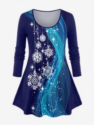 T-shirt à Imprimé Brillant 3D Flocon de Neige de Noël Bandoulière de Grande Taille à Manches Longues - Bleu profond M | US 10