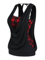 Plus Size Top Plaid Print Cami Top and Solid Color Draped Tied Back Tank Top Set -  