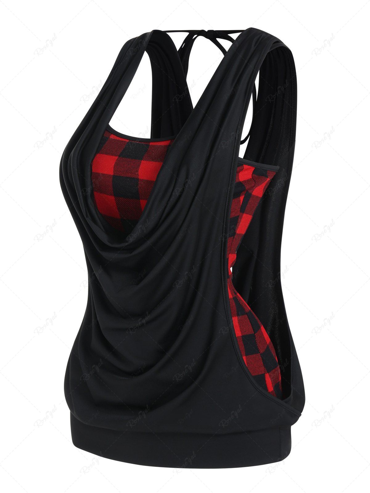 Latest Plus Size Top Plaid Print Cami Top and Solid Color Draped Tied Back Tank Top Set  