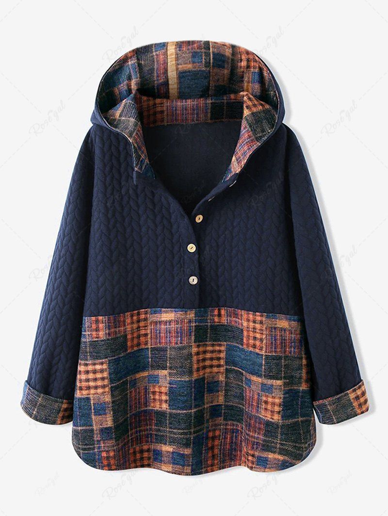 Fancy Plus Size Half Button Embossed Patchwork Plaid Hoodie  